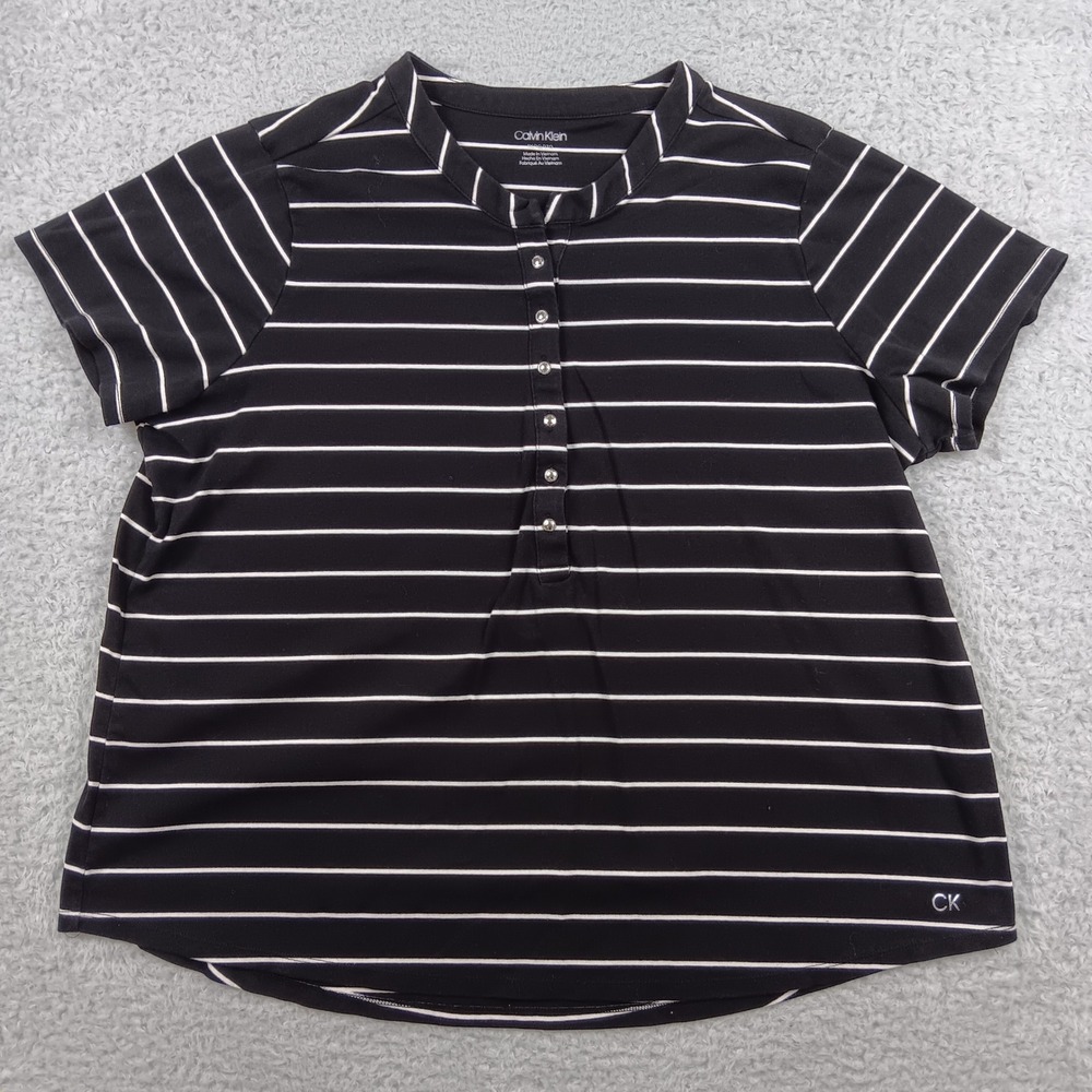 Calvin Klein Top Henley Women 1X Black Striped Short Sleeve Snap Button
